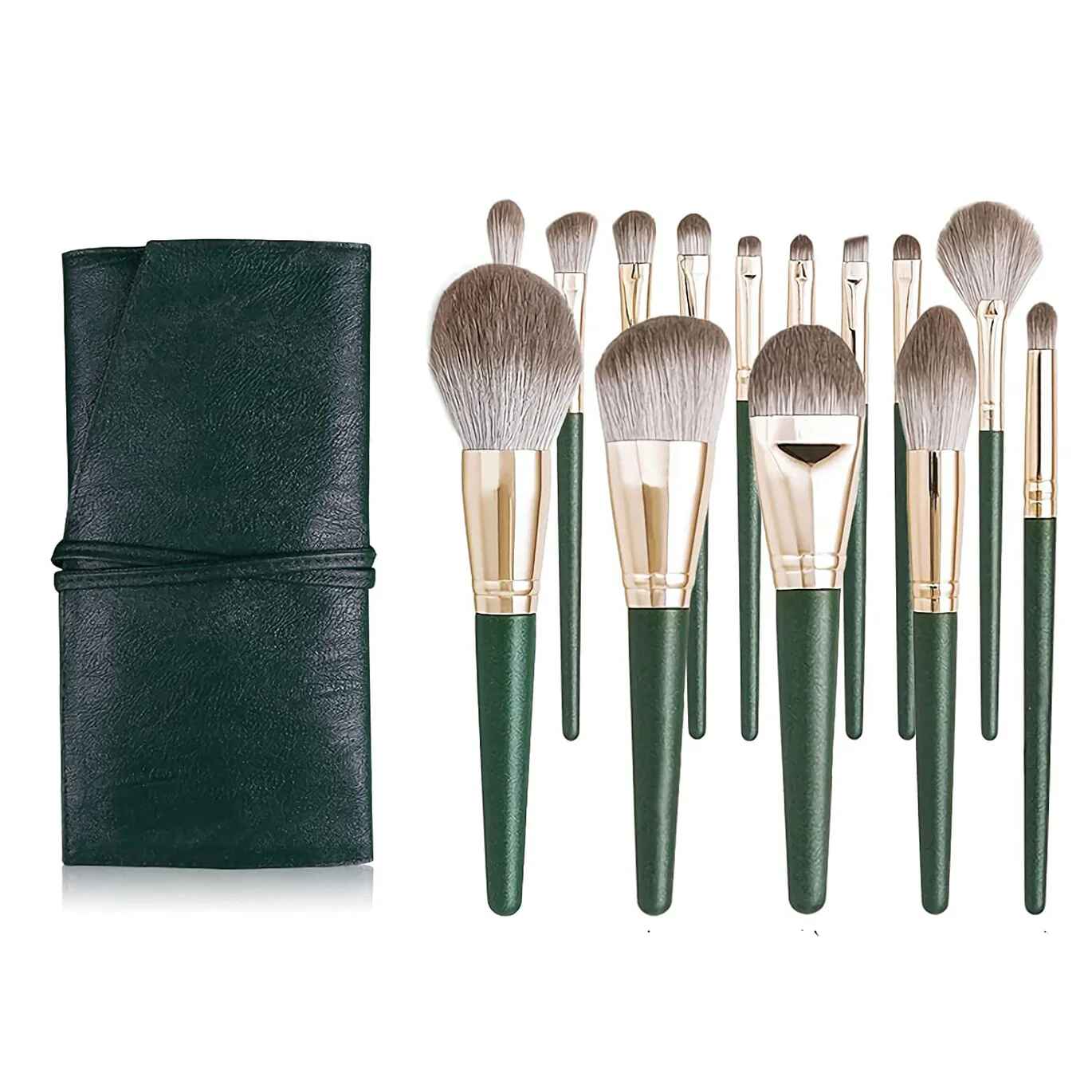 Dark Green Makeup Brush Set with Roll-Up Case